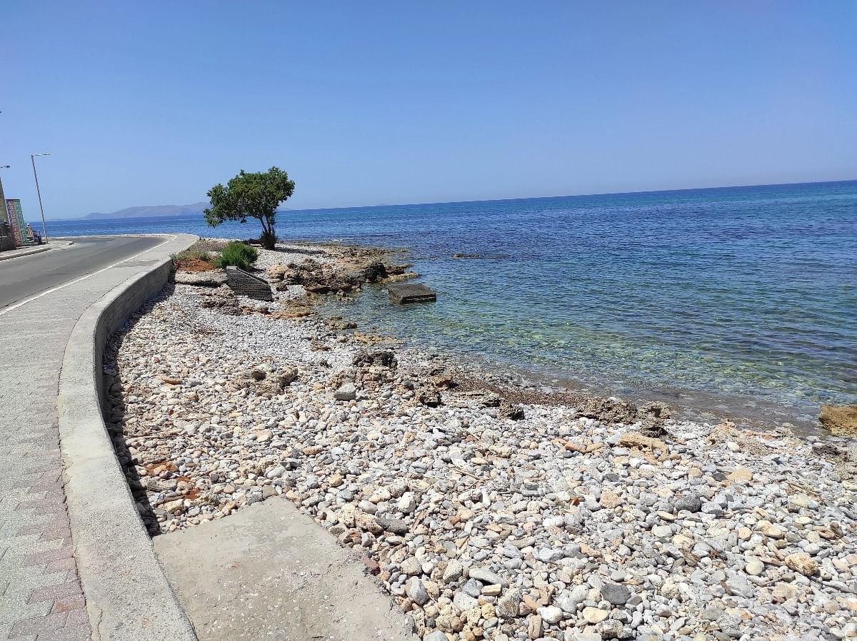 Coastal road of Kato Gouves with tamarisk tree. The scenic coastal road of Kato Gouves offers a picturesque view of a vibrant seascape, decorated with the lush greenery of tamarisk trees that adorn the shoreline.