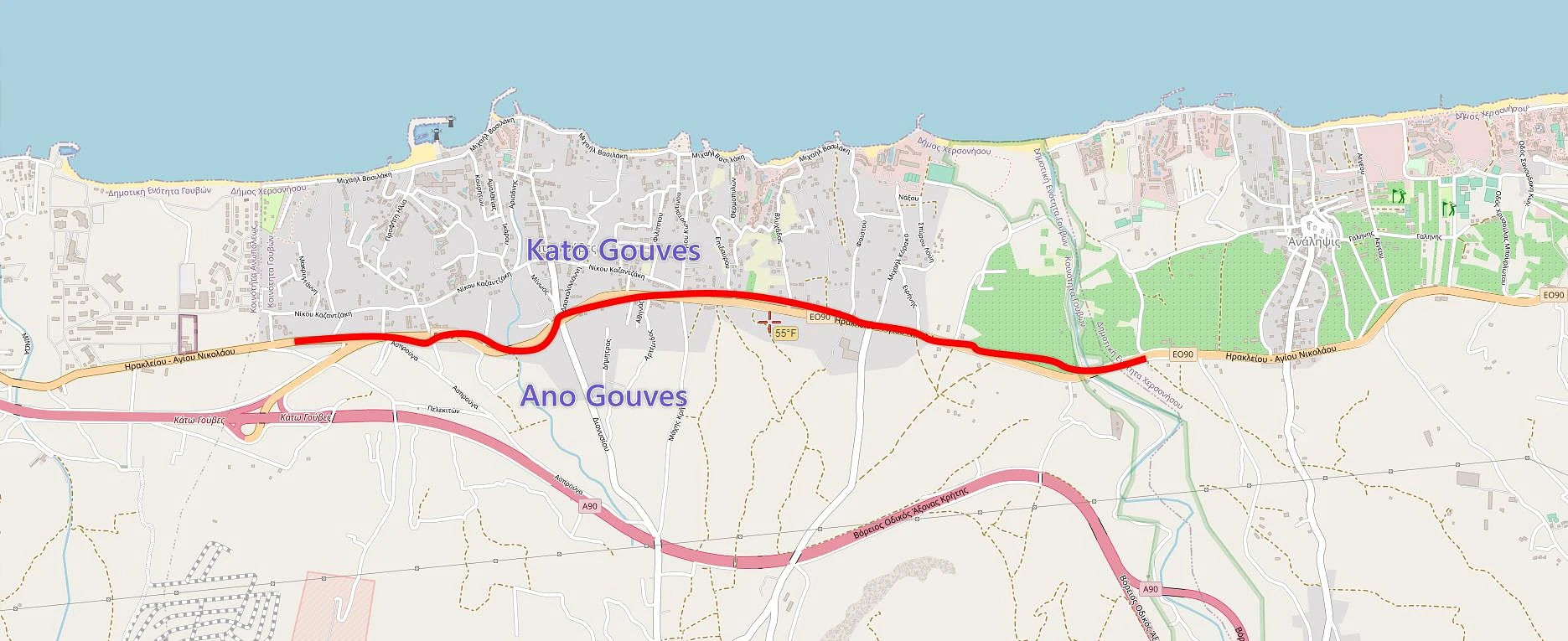A map showing how the Kato Gouves and Ano Gouves are separated.